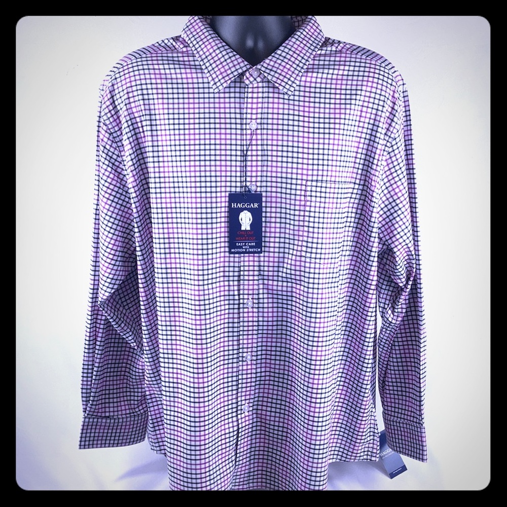Haggar Men’s Button Up Size XXL Pink & Black Plaid